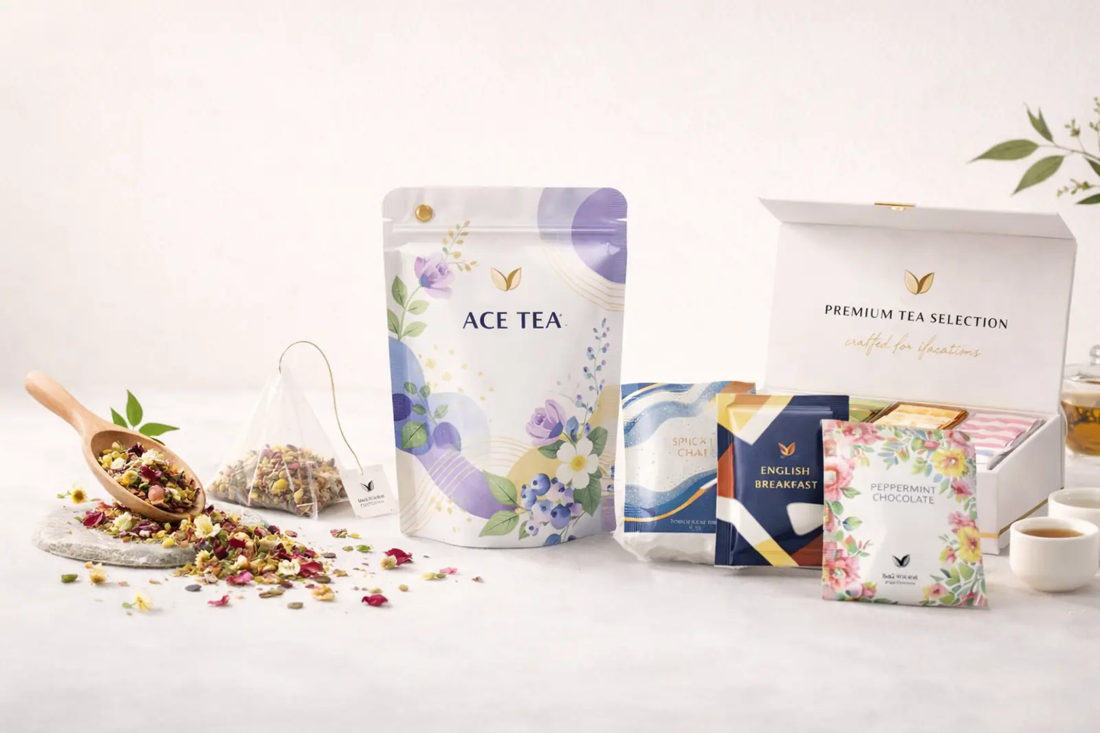 Private label tea packaging including pyramid tea bags, foil wrapped sachets, resealable pouch and tea gift box set
